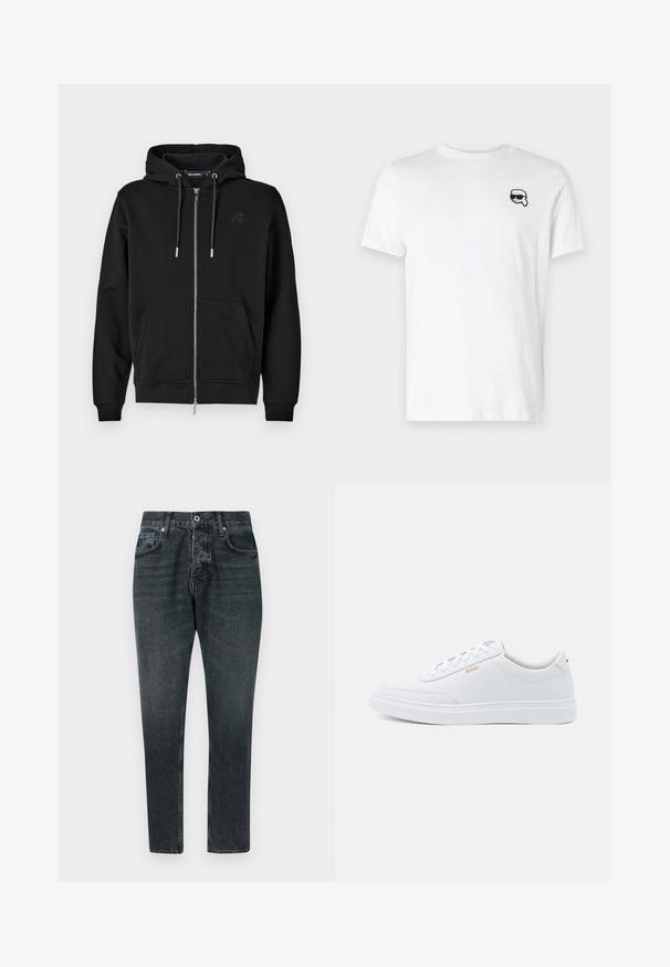Schwarze Zip-Hoodie aus weichem Stoff mit einer Fronttasche, Kordeln und einem gestickten Logo auf der linken Brust.; Weiße Baumwoll-T-Shirt mit einem kleinen schwarz-weißen Grafikdesign auf der linken Brustseite. Klassischer Rundhalsausschnitt und kurze Ärmel.; Dunkelgraue Denim-Jeans mit geradem Bein-Design, fünf Taschen, Knopfverschluss und subtiler Ausbleichung. Hergestellt aus Baumwolle mit glatter Textur.; Weiße Leder-Sneaker mit glatter Textur, runder Zehenpartie und tonal abgestepptem Design. Mit blauen Schnürsenkeln und einem goldenen Logo an der Seite.