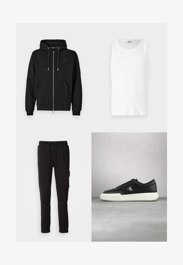 Sudadera con cremallera negra hecha de tejido suave, que cuenta con un bolsillo frontal, cordones y un logo bordado en el lado izquierdo del pecho.; Camiseta sin mangas de algodón blanco con cuello redondo y una textura suave. Diseño sencillo, sin patrones ni acentos.; Pantalones jogger negros de mezcla de algodón, con cinturilla elástica con cordón, bolsillos laterales y un bolsillo tipo cargo en el muslo.; Zapatilla deportiva de cuero negro con suela blanca y logo "cK", exhibida en el aire frente a una pared de bloques de vidrio y un suelo de concreto.