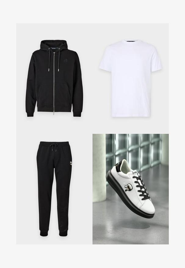 Sudadera con cremallera negra hecha de tejido suave, que cuenta con un bolsillo frontal, cordones y un logo bordado en el lado izquierdo del pecho.; Camiseta de algodón blanca con manga corta, cuello redondo, con un sutil logo en relieve en el pecho izquierdo, textura suave.; Pantalones de chándal negros con cintura elástica y cordón ajustable. Presentan puños acanalados y un pequeño detalle gráfico en la parte superior de la pierna.; Zapatilla de cuero blanca con acentos negros, punta redonda, cordones negros y un logotipo de dibujos animados en el lateral. Textura suave, suela de perfil bajo.