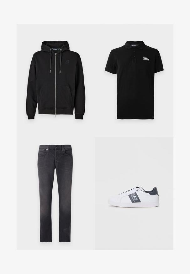 Schwarze Zip-Hoodie aus weichem Stoff mit einer Fronttasche, Kordeln und einem gestickten Logo auf der linken Brust.; Schwarzes Polohemd mit kurzen Ärmeln, drei Knöpfen und weißem "KARL LAGERFELD"-Logo auf der linken Brust.; Schwarze Denim-Jeans mit schmaler Passform, die über fünf Taschen, einen Knopfverschluss und subtile Abnutzungen für einen getragenen Effekt verfügt.; Weiße Sneaker mit einem glatten Lederobermaterial, dunkelgrauen Akzenten und einem markierten Seitenstreifen. Runde Zehenform und flache Gummisohle.