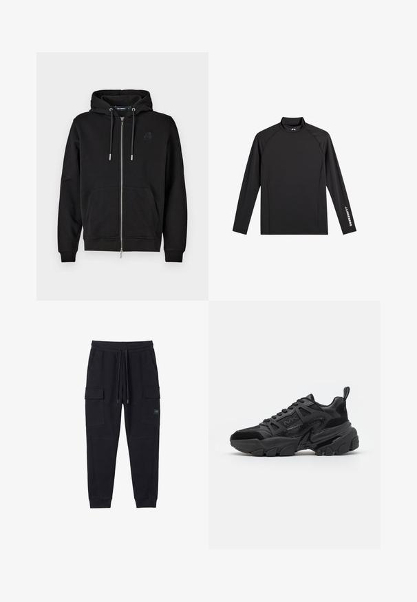 Sudadera con cremallera negra hecha de tejido suave, que cuenta con un bolsillo frontal, cordones y un logo bordado en el lado izquierdo del pecho.; Camiseta negra deportiva de manga larga con cuello alto falso, corte ajustado y logo blanco "J.Lindeberg" en la manga izquierda y el cuello.; Pantalones jogger cargo negros con cintura elástica, cordón, bolsillos laterales y puños acanalados, mostrados planos sobre un fondo blanco.; Zapatillas negras que combinan materiales lisos y texturizados, con suela gruesa, diseño con cordones y acentos laterales distintivos.
