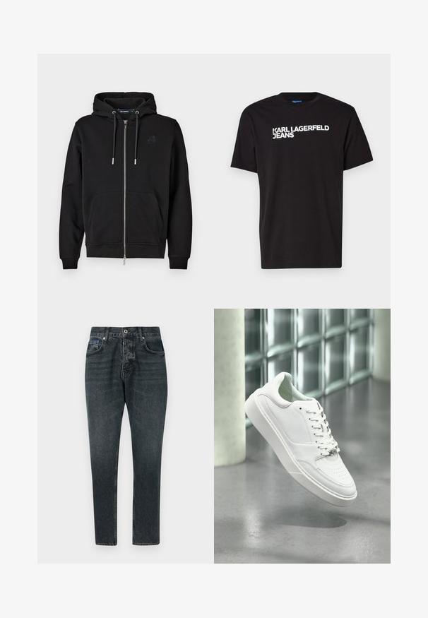 Sudadera con cremallera negra hecha de tejido suave, que cuenta con un bolsillo frontal, cordones y un logo bordado en el lado izquierdo del pecho.; Camiseta de algodón negra con mangas cortas y escote redondo, con el texto blanco "KARL LAGERFELD JEANS" en diagonal en el frente.; Jeans de mezclilla gris oscuro con un diseño de pierna recta, cinco bolsillos, cierre de botón y un ligero desgaste. Hechos de algodón con una textura suave.; Zapatilla deportiva de cuero blanco con punta redondeada, cierre frontal con cordones y suela plana de goma. Presenta detalles perforados y un sutil acento con el logo.