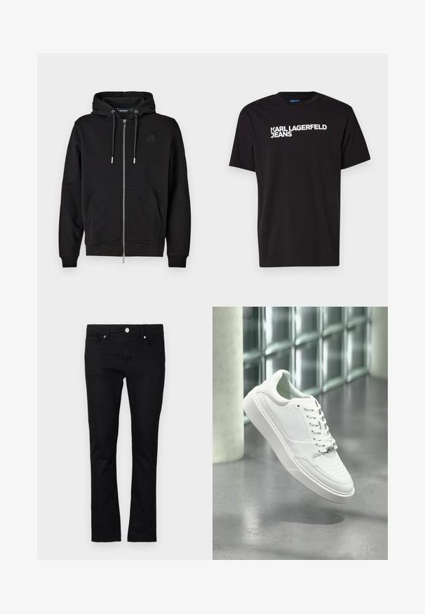Zwarte rits-hoodie gemaakt van zachte stof, met een voorzak, koordjes en een geborduurd logo op de linkerkant van de borst.; Zwarte katoenen T-shirt met korte mouwen en ronde halslijn, met diagonaal over de voorkant in witte tekst "KARL LAGERFELD JEANS".; Zwarte denim jeans met een slim fit, rechte pijpen, vijf-pocket stijl en metalen knoopsluiting, met minimale stikseldetails.; Witte leren sneaker met een afgeronde neus, vetersluiting aan de voorkant en een platte rubberen zool. Voorzien van geperforeerde details en een subtiel logo-accent.