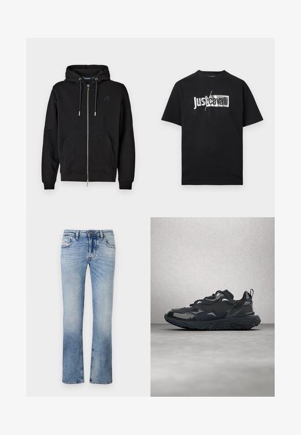 Mustrit musta kapuutsiga sviiter, mis on valmistatud pehmest kangast, ees tasku, nöörid ja vasakul rinnal tikitud logo.; Must lühikeste varrukatega t-särk hõbedase "Just cavalli" logoga, kus "Just" on rasvases kirjas ja "cavalli" metallilise ristkülikukujulise taustaga.; Heledad sinised teksad otse säärekujundusega, mis sisaldavad esipunkte, lukuga pealset ja kerget pleekimist kogu kanga ulatuses.; Mustast jooksujalatsist, millel on tekstuuriga ülemine osa, sujuvad detailid ja jäme tald lainelise mustriga, loodud mugavuse ja vastupidavuse tagamiseks.