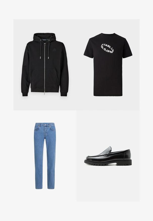 Zwarte rits-hoodie gemaakt van zachte stof, met een voorzak, koordjes en een geborduurd logo op de linkerkant van de borst.; Zwarte katoenen t-shirt met korte mouwen en een ronde hals. Voorzien van een witte, vervormde logo-tekst gedrukt op de voorkant.; Lichtblauwe denim jeans met een recht beenontwerp, vijf zakken en een knoopsluiting. De stof heeft een gestructureerde afwerking met subtiele vervaging.; Zwarte leren loafer met dikke rubberen zool, gestikte bovenkant en gegraveerde merknaam op de hiel, zijaanzicht op witte achtergrond.