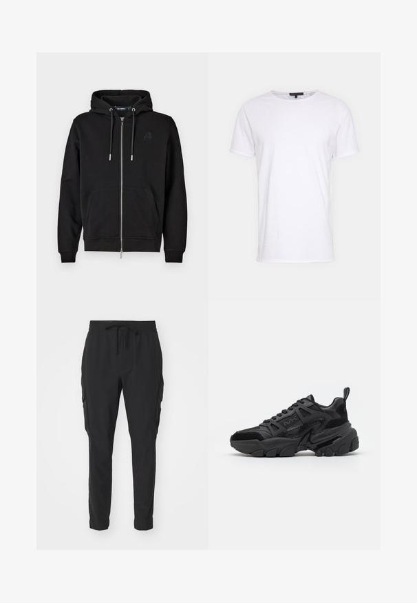 Schwarze Zip-Hoodie aus weichem Stoff mit einer Fronttasche, Kordeln und einem gestickten Logo auf der linken Brust.; Weißes Baumwoll-T-Shirt mit Rundhalsausschnitt, kurzen Ärmeln und geradem Schnitt. Verfügt über eine einfache, glatte Textur und keine zusätzlichen Muster.; Schwarze Cargo-Hosen aus leichtem Material. Elastischer Bund mit Kordelzug. Eng zulaufendes Beindesign und seitliche Taschen. Glatte Textur.; Schwarze Sneakers mit einer Kombination aus glatten und strukturierten Materialien, einer klobigen Sohle, Schnürdesign und markanten seitlichen Akzenten.