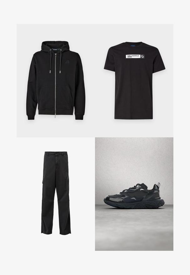 Sudadera con cremallera negra hecha de tejido suave, que cuenta con un bolsillo frontal, cordones y un logo bordado en el lado izquierdo del pecho.; Camiseta de algodón negra con mangas cortas que presenta una etiqueta gráfica de texto blanco que dice "KARL LAGERFELD JEANS" y un logotipo, con cuello redondo.; Pantalones cargo negros con corte recto, cierre de botón y bolsillos laterales. Tejido suave con un acabado mate y sin patrones visibles.; Zapatilla de correr negra con parte superior texturizada, detalles suaves y suela gruesa con dibujo de ondas, diseñada para ofrecer comodidad y durabilidad.