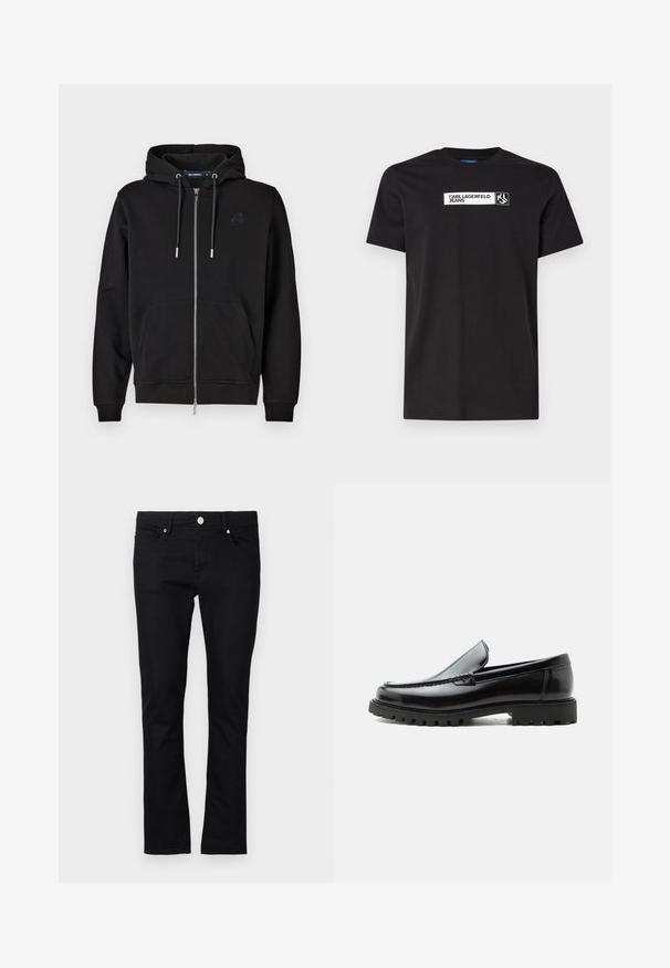 Schwarze Zip-Hoodie aus weichem Stoff mit einer Fronttasche, Kordeln und einem gestickten Logo auf der linken Brust.; Schwarzes Baumwoll-T-Shirt mit kurzen Ärmeln, das ein weißes Textgrafik-Label mit der Aufschrift "KARL LAGERFELD JEANS" und ein Logo aufweist, Rundhalsausschnitt.; Schwarze Denim-Jeans im slim fit Schnitt, mit geradem Bein, im Fünf-Taschen-Stil und Metallknopfverschluss, mit minimalen Steppdetails.; Schwarzer Lederloafer mit grober Gummisohle, genähter Oberseite und geprägtem Markennamen an der Ferse, seitlich auf weißem Hintergrund gezeigt.