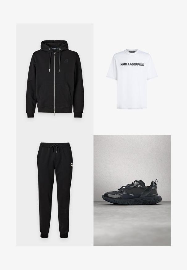 Sudadera con cremallera negra hecha de tejido suave, que cuenta con un bolsillo frontal, cordones y un logo bordado en el lado izquierdo del pecho.; Camiseta de algodón blanca con escote redondo. Presenta el texto bordado en negro "KARL LAGERFELD" en la parte frontal y mangas cortas.; Pantalones de chándal negros con cintura elástica y cordón ajustable. Presentan puños acanalados y un pequeño detalle gráfico en la parte superior de la pierna.; Zapatilla de correr negra con parte superior texturizada, detalles suaves y suela gruesa con dibujo de ondas, diseñada para ofrecer comodidad y durabilidad.