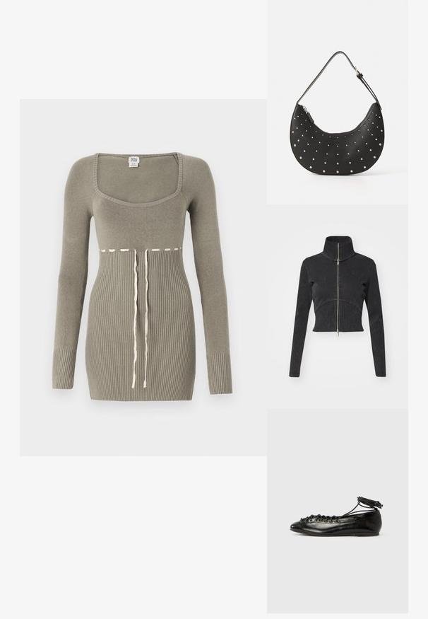 Veste en denim noir coupée avec un col haut, une fermeture éclair complète et des manches longues. Présente un design à couture courbée et une texture subtile.; Robe tricotée verte à manches longues, décolleté carré, texture côtelée sur le corps et détail de cordon à la taille en blanc contrastant.; Ballerines en cuir verni noir avec un bout rond, un design à lacets et une semelle plate. Texture lisse avec peu de détails.; Sac à main en cuir noir avec une forme arrondie, orné de clous en argent, doté d'une fermeture éclair et d'une seule sangle ajustable.