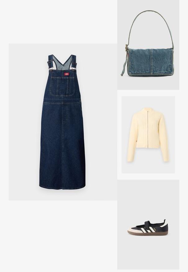 Cardigan zippé tricoté couleur crème avec manches longues, col montant côtelé et motifs perforés verticaux subtils.; Robe salopette en denim bleu foncé avec bretelles ajustables, poche poitrine avant avec un petit patch logo rouge et fermetures latérales à boutons.; Baskets noires et beiges avec une bride en velcro, trois bandes blanches sur le côté, et une semelle en caoutchouc marron texturée. Logo de la marque visible.; Sac à épaule en denim avec un design à rabat, couleur bleu clair, couture visible, bandoulière ajustable et accent avec étiquette latérale.