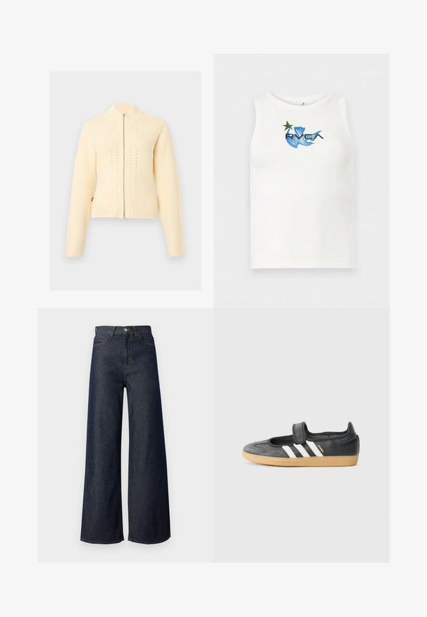 Cardigan zippé tricoté couleur crème avec manches longues, col montant côtelé et motifs perforés verticaux subtils.; Débardeur blanc sans manches avec un motif abstrait bleu, une étoile verte, et le logo noir "RVCA" centré sur la poitrine.; Jean en denim foncé à jambes larges avec une taille haute, doté d'un design à cinq poches, de surpiqûres dorées et d'un détail bouton en métal. Texture lisse dans l'ensemble.; Sneaker en cuir noir et suède avec une sangle Velcro, arborant trois bandes blanches et une semelle en caoutchouc, étiqueté "SAMBA" sur le côté.