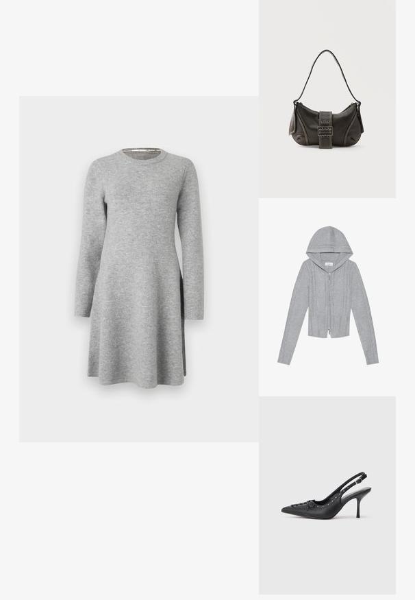 Haut à capuche zippé gris clair, avec des motifs en tricot torsadé, des bords côtelés en bas et aux manches, et une texture lisse. Parfait pour le layering.; Robe grise à manches longues en tissu doux ; présente un col rond et une coupe décontractée, s'évasant légèrement à l'ourlet avec des fentes latérales.; Escarpin en cuir noir à talon aiguille avec un bout pointu, une bride latérale à boucle, des clous le long du bord et un laçage décoratif à l'avant.; Sac à épaule en cuir noir avec une sangle à boucle, des bords arrondis et des coutures blanches contrastées sur un fond uni.