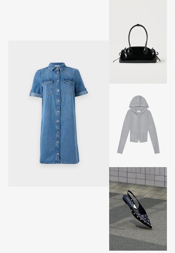 Lichtgrijze zip-up hoodie met een capuchon, voorzien van kabelbrei-patronen, geribbelde zoom en manchetten, en een gladde textuur. Perfect voor het laagjes dragen.; Denim jurk met korte opgerolde mouwen, knoopsluiting aan de voorkant, twee borstzakken en een effen blauwe kleur. Kenmerkt een kraag en een knielange snit.; Zwarte puntige slingback schoen van glad materiaal, voorzien van zilveren studs, een platte zool en een logo op het voetbed.; Kleine zwarte glanzende handtas met twee lange hengsels en zijkant trekkoord details op een effen lichte achtergrond.