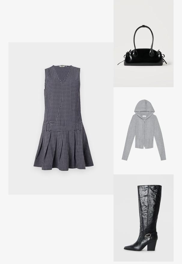 Hellgraue Zip-Hoodie mit Kapuze, die über ein Kabelstrickmuster, gerippte Säume und Bündchen sowie eine glatte Textur verfügt. Perfekt zum Layering.; Marineblaues kariertes Kleid mit V-Ausschnitt, ärmellosem Design, plissiertem Rock und strukturierter Taille. Hergestellt aus leichtem Stoff.; Schwarze kniehohe Stiefel aus glänzendem Leder, mit einer spitzen Zehe, strukturierter Form und einem dekorativen Riemen mit einer silbernen Schnalle.; Kleine schwarze glänzende Handtasche mit zwei langen Griffen und seitlichen Kordelzug-Details vor einfachem hellem Hintergrund.