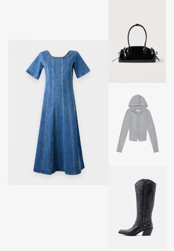 Hellgraue Zip-Hoodie mit Kapuze, die über ein Kabelstrickmuster, gerippte Säume und Bündchen sowie eine glatte Textur verfügt. Perfekt zum Layering.; Object Midi Denim - Freizeitkleid - medium blue denim; Schwarze Cowboy-Stiefel aus Leder mit spitzer Zehenpartie, sichtbarer Nahtführung, silbernen Nietenakzenten und Reißverschluss auf der Innenseite.; Kleine schwarze glänzende Handtasche mit zwei langen Griffen und seitlichen Kordelzug-Details vor einfachem hellem Hintergrund.