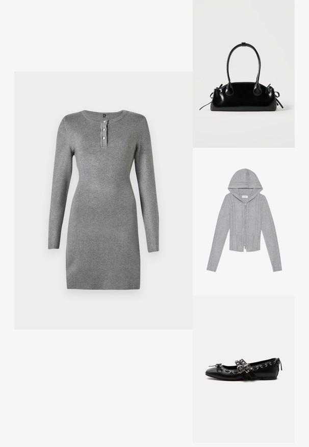 Lys grå zip-up hættetrøje med hætte, prydet med kabelstrik mønstre, ribbede kanter og manchetter samt en glat tekstur. Perfekt til lag-på-lag.; Grå langærmet kjole med en tætsiddende pasform, rund halsudskæring og tre-knap stolpe. Teksturstof med en glat finish.; Sort flad balletsko med dobbelt spænde, sølvøjer og en lille sløjfe nær den runde tå på en hvid baggrund.; Lille sort blank håndtaske med to lange håndtag og snøre-detaljer i siden på en ensfarvet lys baggrund.