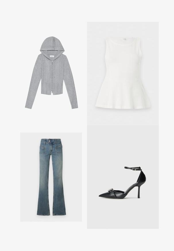 Haut à capuche zippé gris clair, avec des motifs en tricot torsadé, des bords côtelés en bas et aux manches, et une texture lisse. Parfait pour le layering.; Haut blanc sans manches avec basque, encolure ronde et taille cintrée, présenté à plat sur un fond blanc uni.; Jean en denim bleu taille haute avec double fermeture à boutons, fermeture éclair devant, poches zippées et jambes évasées sur fond uni.; Escarpin noir en cuir avec un bout pointu, une bride à la cheville et un accent de boucle en argent. Texture lisse avec une silhouette élégante.