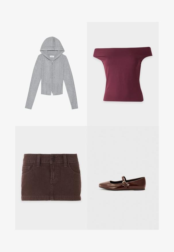 Hellgraue Zip-Hoodie mit Kapuze, die über ein Kabelstrickmuster, gerippte Säume und Bündchen sowie eine glatte Textur verfügt. Perfekt zum Layering.; Bordeauxfarbenes, figurbetontes Off-Shoulder-Top mit weitem Ausschnitt und kurzen Ärmeln, dargestellt auf weißem Hintergrund.; Brauner Denim-Minirock mit Fronttaschen, Gürtelschlaufen und doppeltem Knopfverschluss vor einem einfarbigen hellen Hintergrund.; Braune Lackleder-Ballerinas mit quadratischer Zehenform und Riemen mit einer kleinen goldenen Schnalle. Glatte Textur, niedriger Absatz und minimalistisches Design.