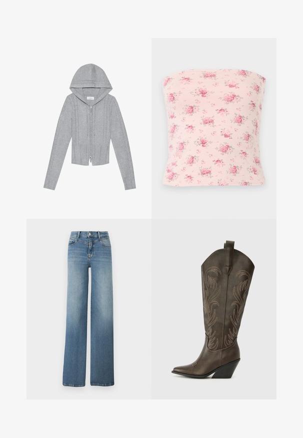 Haut à capuche zippé gris clair, avec des motifs en tricot torsadé, des bords côtelés en bas et aux manches, et une texture lisse. Parfait pour le layering.; Haut bustier rose clair avec un motif dispersé de petits bouquets floraux roses et rouges avec des feuilles vertes.; Jeans en denim bleu clair à jambes larges avec poches avant, fermeture par bouton, et texture délavée de la taille à l'ourlet.; Botte de cowboy en cuir marron avec un embout pointu, un talon compensé et des broderies décoratives. Dispose d'un long tige et d'une languette de tirage.