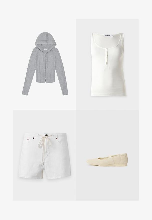 Lys grå zip-up hættetrøje med hætte, prydet med kabelstrik mønstre, ribbede kanter og manchetter samt en glat tekstur. Perfekt til lag-på-lag.; Hvid ærmeløs ribbet tanktop med rund udskæring og tre små knapper foran, lagt fladt på en grå baggrund.; Hvide afslappede shorts med forlommer og snøre i taljen bundet i en sløjfe, vist mod en ensfarvet baggrund.; Lysebrune ballet flats med en glat læderoverflade, mandelformet tå og elastisk rem over vristen, med diskrete syninger.
