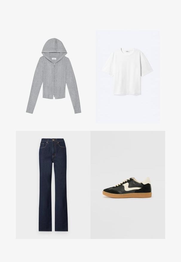 Hellgraue Zip-Hoodie mit Kapuze, die über ein Kabelstrickmuster, gerippte Säume und Bündchen sowie eine glatte Textur verfügt. Perfekt zum Layering.; Weißes T-Shirt mit kurzen Ärmeln und Rundhalsausschnitt mit geradem Saum, innen mit gebrandetem "WEEKDAY"-Label am Kragen.; Dunkelblaue Denim-Jeans mit geradem Bein, mit einem vorderen Knopfverschluss, fünf Taschen und kontrastierenden Nähten.; Schwarze Wildleder- und Leder-Sneaker mit einem cremefarbenen Seiten-Swoosh und einer hellcremefarbenen Ferse. Ausgestattet mit beige Schnürsenkeln und einer Gummilaufsohle.