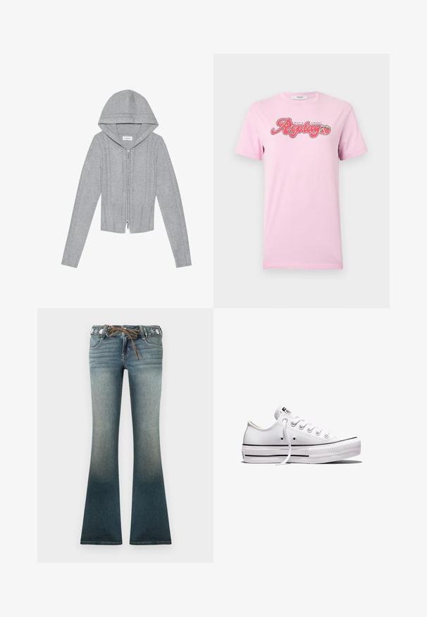 Hellgraue Zip-Hoodie mit Kapuze, die über ein Kabelstrickmuster, gerippte Säume und Bündchen sowie eine glatte Textur verfügt. Perfekt zum Layering.; Hellrosa kurzärmeliges T-Shirt mit dem Schriftzug "Hot & Sweet Replay" und einer Grafik von zwei Erdbeeren, zentriert auf der Brust.; Ausgestellte Jeans aus Denim in einem Farbverlauf von Hell- zu Dunkelblau, mit einem bestickten Taillenbund und einem braunen Kordelzug als zusätzliches Detail.; Weißer Sneaker aus Segeltuch mit niedrigem Schnitt, weißen Schnürsenkeln, Gummisohle, schwarzen Streifendetails und Logopatch auf der Zunge und Ferse.
