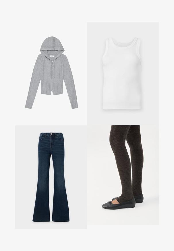 Lys grå zip-up hættetrøje med hætte, prydet med kabelstrik mønstre, ribbede kanter og manchetter samt en glat tekstur. Perfekt til lag-på-lag.; Hvid ribbet bomulds ærmeløs tanktop med rund halsudskæring, vist fladt mod en lys grå baggrund.; Mørkeblå højtaljede cowboybukser med vidde i benene, for- knap og lynlås lukning samt lommer foran og bagpå.; Ben iført mørke ribbede leggings kombineret med sorte balletsko med små sløjfedetaljer på hvid baggrund.