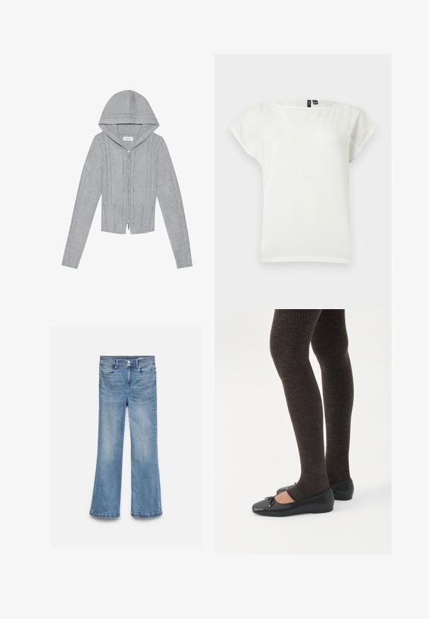Lichtgrijze zip-up hoodie met een capuchon, voorzien van kabelbrei-patronen, geribbelde zoom en manchetten, en een gladde textuur. Perfect voor het laagjes dragen.; Witte blouse met korte mouwen en oogjeskantdetails op de bovenborst en mouwen, ronde halslijn, plat gelegd op een lichte achtergrond.; Lichtblauwe spijkerbroek met een hoge taille, dubbele knoopsluiting, voor- en achterzakken en licht uitlopende pijpen.; Benen met donkere geribbelde leggings gecombineerd met zwarte ballerina's met kleine strikdetails op een witte achtergrond.