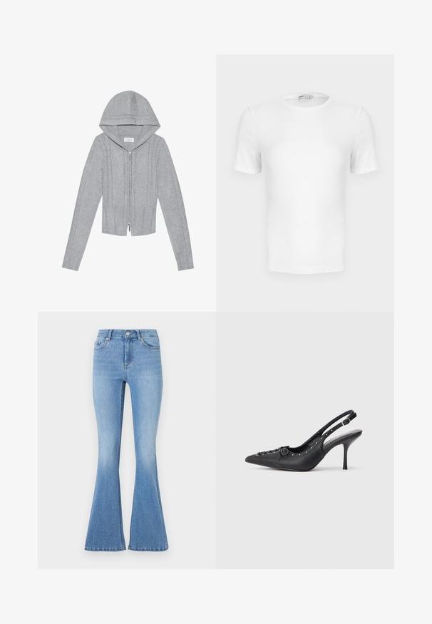 Hellgraue Zip-Hoodie mit Kapuze, die über ein Kabelstrickmuster, gerippte Säume und Bündchen sowie eine glatte Textur verfügt. Perfekt zum Layering.; Weißes, kurzärmeliges, geripptes T-Shirt mit Rundhalsausschnitt, figurbetontem Schnitt und kleinem Markenlabel im Krageninneren.; Helle blaue Schlagjeans mit einer glatten Denim-Oberfläche, die vorne mit verstreuten silbernen Nieten verziert sind, sowie einem klassischen Fünf-Taschen-Design.; Schwarzer Leder-Slingback-Stiletto mit spitzem Zehenaufsatz, seitlichem Schnallenriemen, Nieten entlang der Kante und dekorativer Schnürung vorne.
