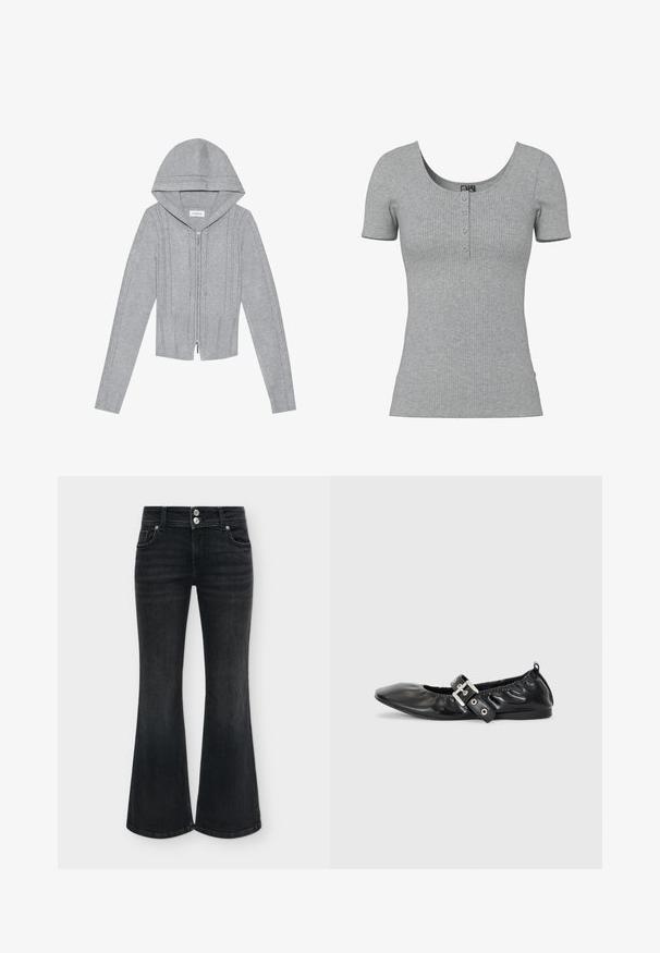 Hellgraue Zip-Hoodie mit Kapuze, die über ein Kabelstrickmuster, gerippte Säume und Bündchen sowie eine glatte Textur verfügt. Perfekt zum Layering.; Grau geripptes Kurzarmshirt mit Rundhalsausschnitt und vier kleinen Knöpfen in der Mitte vorne.; Schwarze hoch taillierte Schlagjeans mit doppeltem silbernen Knopfverschluss, Fronttaschen und breiten Beinöffnungen vor einfarbigem Hintergrund.; Schwarze Leder-Ballerinas mit spitzem Zehenbereich, gerafften Details am Schaft und einem silbernen Schnallenakzent am verstellbaren Riemen.