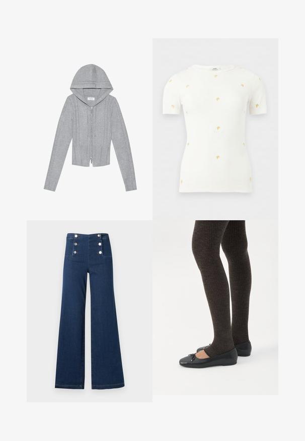 Lys grå zip-up hættetrøje med hætte, prydet med kabelstrik mønstre, ribbede kanter og manchetter samt en glat tekstur. Perfekt til lag-på-lag.; Hvid kortærmet ribstrikket top med små orange gulerodsbroderier spredt over fronten og ærmerne.; Mørkeblå, vidtgående jeans med høj talje og seks sølvknapper fordelt på to lodrette rækker på den forreste linning.; Ben iført mørke ribbede leggings kombineret med sorte balletsko med små sløjfedetaljer på hvid baggrund.