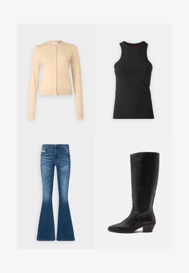 Beige cardigan lavet af blødt materiale, med rund halsudskæring, knaplukning foran og ribbede manchetter og kant. Lille logo på brystet.; Sort ærmeløs tanktop lavet af strækbart stof. Har en rund hals og en tætsiddende silhuet med minimale syninger.; Flared jeans i mellemblå denim med høj talje, fem-lomme design og subtile whiskering-detaljer ved lårene.; Sort læderstøvle til midtkalv med spids tå og lavt skråt hæl på en enkel lys baggrund.