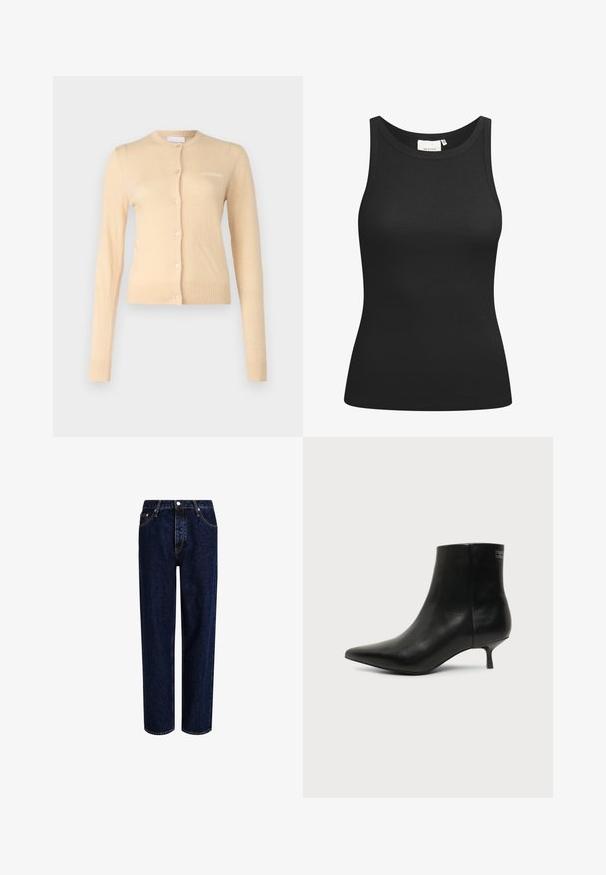 Cardigan beige en matériau doux, avec un col rond, une fermeture à boutons à l'avant et des poignets et un ourlet côtelés. Petit logo sur la poitrine.; Débardeur noir en tissu côtelé, avec un décolleté en forme de rond et une coupe ajustée. Coutures plates et sans ornements. Design simple et épuré.; Jeans en denim bleu foncé avec une coupe droite, dotés d'une taille haute, d'un style à cinq poches et de coutures contrastantes. Sans embellissements.; Bottine en cuir noir avec bout pointu et petit talon kitten sur fond clair, vue côté extérieur.