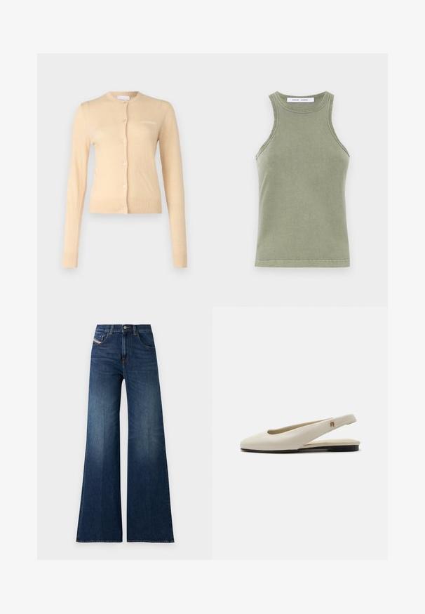 Beige cardigan lavet af blødt materiale, med rund halsudskæring, knaplukning foran og ribbede manchetter og kant. Lille logo på brystet.; Olivengrøn tanktop lavet af blødt bomuld, med rund halsudskæring, ærmeløs design og syede kanter. Enkel, tætsiddende form.; Højtaljede mørkeblå brede bukser med for- og møntlommer, knaplukning og subtile slidser på lårene.; Flatsko i cremefarvet læder med rundet tå og lille guldemblem på remmen.