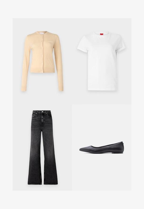 Beige cardigan lavet af blødt materiale, med rund halsudskæring, knaplukning foran og ribbede manchetter og kant. Lille logo på brystet.; Hvid kortærmet t-shirt lavet af letvægts bomuld. Har en rund halsudskæring og rullede ærmer. Rød logoetiket på kraven.; Bredde ben sorte denim jeans med en let falmet finish, høj talje, metalknaplukning og minimale syninger.; Sort flad lædersko med spidst tåparti og lav hæl, vist i sideprofil mod en hvid baggrund.