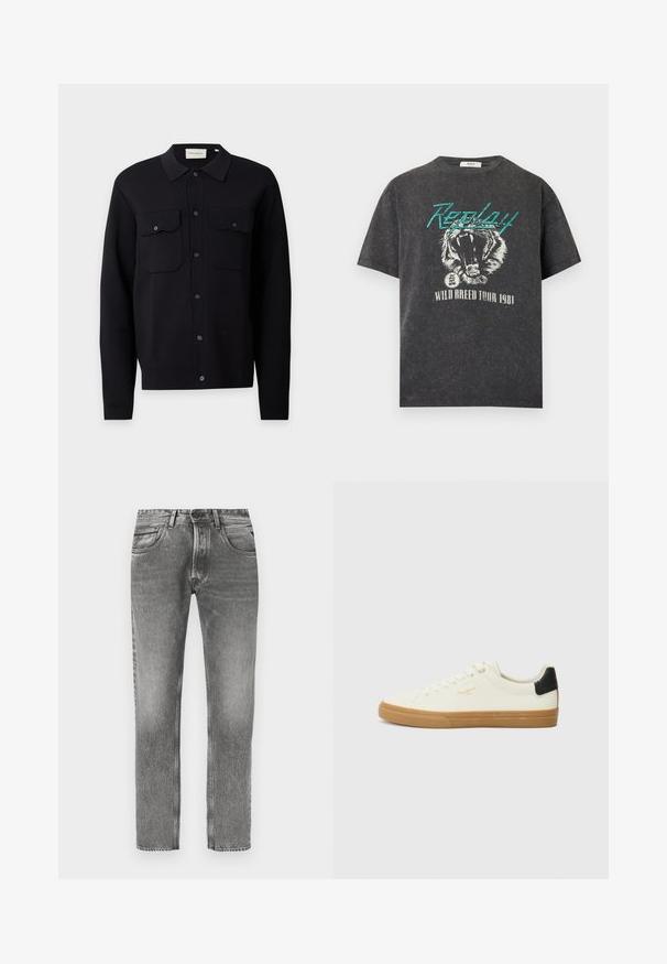 Chemise noire à manches longues boutonnée avec col et deux poches poitrine devant boutonnées, présentée sur un fond clair uni.; T-shirt noir délavé avec texte "Replay" en sarcelle, motif tigre rugissant et texte blanc "Wild Breed Tour 1981" en dessous.; Jean en denim gris avec une coupe droite, finition délavée, cinq poches, passants pour ceinture et détails de couture contrastants.; Sneaker en toile blanche avec une semelle en gomme, accent au talon noir, bout rond et design à lacets. Présente le logo de la marque en doré sur le côté.