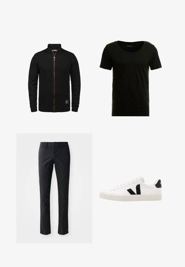 Solid SDTristian - Ζακέτα - black; Μαύρη κοντομάνικη μπλούζα T-shirt με στρογγυλή λαιμόκοψη, μαλακή υφή και άνετη εφαρμογή. Κατασκευασμένη από ελαφρύ, αναπνεύσιμο υλικό.; Μαύρο παντελόνι ίσιου κοψίματος φτιαγμένο από λεία ύλη, με κλείσιμο με ένα κουμπί και βρόχους ζώνης. Μινιμαλιστικός σχεδιασμός χωρίς ορατά μοτίβα.; Λευκό δερμάτινο sneaker με μαύρες σουέτ λεπτομέρειες; διαθέτει καουτσούκ σόλο, στρογγυλή μύτη και κλασικό σχέδιο με κορδόνια. Λογότυπο στην πλευρά σε μαύρο χρώμα.