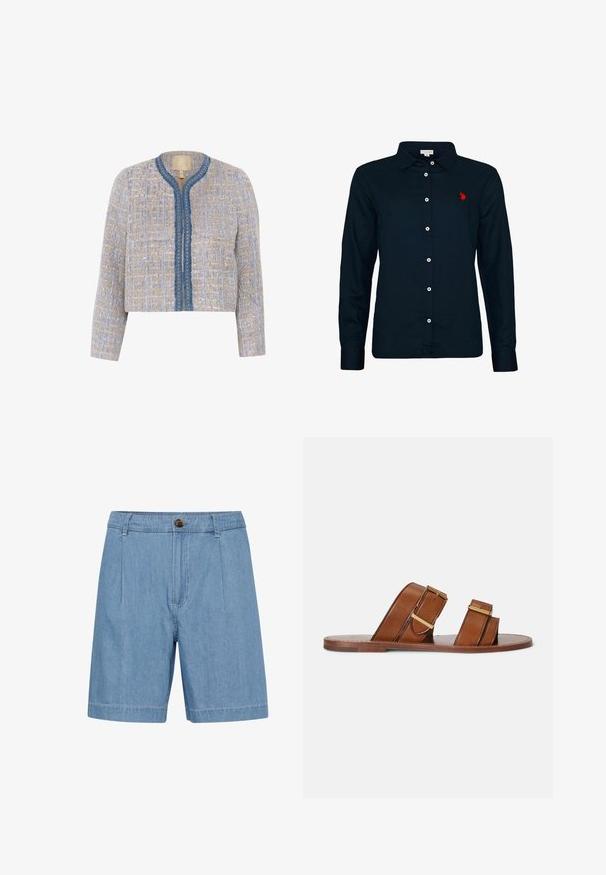 Veste en tweed légère beige et bleue avec un motif texturé, col rond, fermeture frontale et bord bleu avec des accents décoratifs.; Chemise boutonnée à manches longues bleu marine avec col classique et petit logo rouge brodé sur la poitrine gauche.; Shorts en denim de couleur bleu clair avec une coupe classique, dotés d'une fermeture à boutons à l'avant, de plis cousus et de bords retroussés.; Sandales mules en cuir marron avec deux brides réglables, boucles dorées et semelle plate en bois.