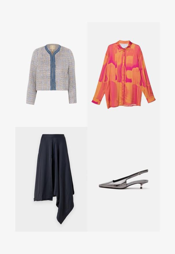 Tweedjakke i lys beige og blå med et tekstureret mønster, rund halsudskæring, lukning fortil og blå kant med dekorative detaljer.; Langærmet skjorte i livlige pink- og orange nuancer, med knaplukning foran, klassisk krave og et let, flydende stof.; Marineblå satin midi-nederdel med asymmetrisk nederkant, med en glat tekstur og subtile draperinger. Tætsiddende talje uden synlige lukninger.; Metalgrå spids slingback-sko med lav kittenhæle og justerbar rem på hvid baggrund.