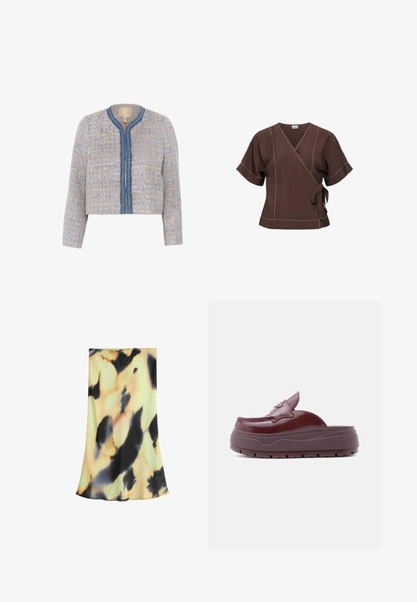Veste en tweed légère beige et bleue avec un motif texturé, col rond, fermeture frontale et bord bleu avec des accents décoratifs.; Blouse cache-cœur marron à manches courtes avec surpiqûres blanches, col en V et fermeture latérale à nouer, présentée sur fond blanc.; Jupe midi tie-dye jaune et noire avec un ourlet légèrement évasé, présentée à plat sur fond blanc.; Sabots en cuir verni bourgogne avec une semelle plateforme, dotés d'une accentuation en nœud et d'une forme arrondie. Semelle extérieure en caoutchouc texturé pour une meilleure adhérence.