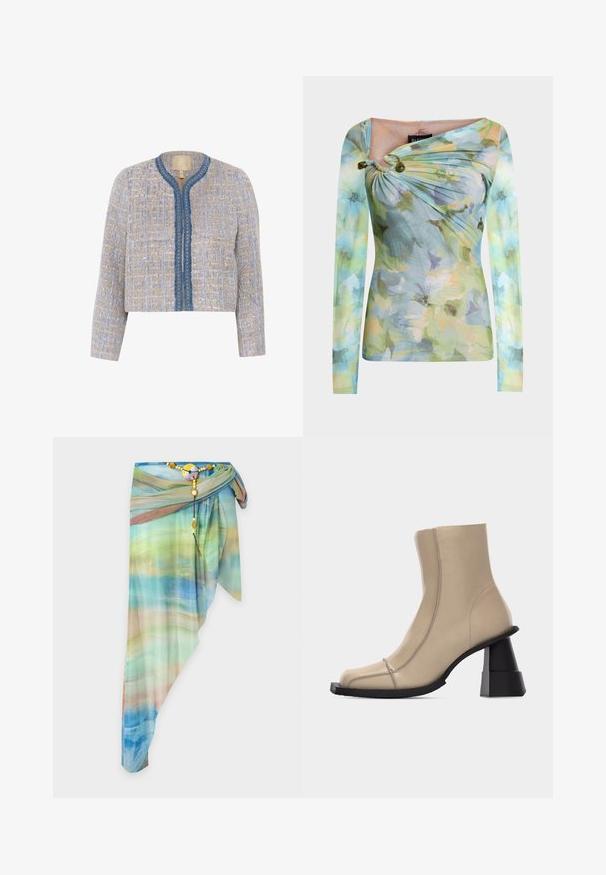 Veste en tweed légère beige et bleue avec un motif texturé, col rond, fermeture frontale et bord bleu avec des accents décoratifs.; Haut ajusté à manches longues avec motif floral pastel, encolure asymétrique resserrée avec deux perles vertes sur l'épaule gauche.; Jupe portefeuille asymétrique en voile avec un motif dégradé bleu, vert et beige, fixée avec une ceinture décorative perlée et une boucle ronde.; Bottine beige en cuir avec bout carré, couture visible, et talon bloc noir sculpté et épais sur fond blanc.
