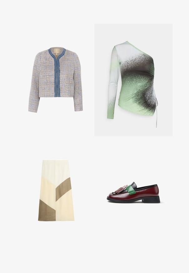 Tweed jasje in lichtbeige en blauw met een gestructureerd patroon, ronde halslijn, sluiting aan de voorkant en blauwe afwerking met decoratieve accenten.; Elleme ONE SHOULDER - Longsleeve - light green/white; A-lijn midi rok met color-block panelen in crème, beige en lichtbruine stoffen op een witte achtergrond.; Mahoniekleurige leren loafer met zwarte bies, groene band, roze kwastjes aan de voorkant en lage zwarte hak, zijaanzicht op witte achtergrond.