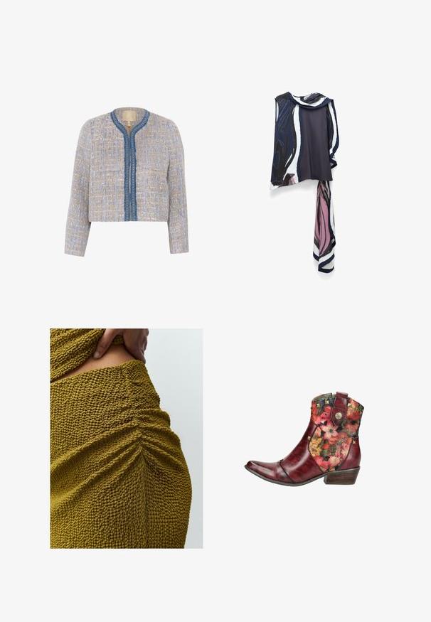 Tweedjacke in Hellbeige und Blau mit strukturiertem Muster, rundem Ausschnitt, Frontverschluss und blauer Borte mit dekorativen Akzenten.; Ärmellose Bluse in Marineblau und Weiß mit einem pinkfarbenen abstrakten Muster. Verfügt über einen drapierten Ausschnitt und ein fließendes, angenähtes Schal-Detail.; Olivengrüner Strickrock mit texturierter Oberfläche, der seitliche Raffungen und ein körperbetontes Design aufweist.; Roter Leder-Stiefeletten mit floralen Stoffeinsätzen, goldenen Nieten, seitlicher Zuglasche und niedrigem Holzabsatz.