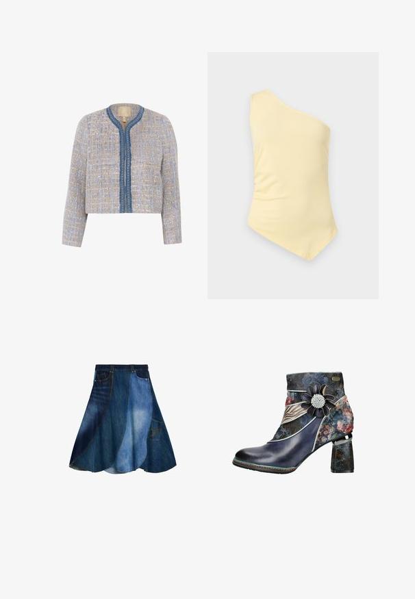 Veste en tweed légère beige et bleue avec un motif texturé, col rond, fermeture frontale et bord bleu avec des accents décoratifs.; Haut asymétrique jaune pâle à une épaule, sans manches, avec un ourlet asymétrique, présenté sur un fond gris clair uni.; Jupe en jean avec un design patchwork dans différentes nuances de bleu, forme évasée et une poche latérale. Texture lisse et style décontracté.; Bottines avec un bout en cuir verni bleu foncé et un dessus en tissu à motif floral, dotées d'une fleur décorative et d'un talon bloc texturé.