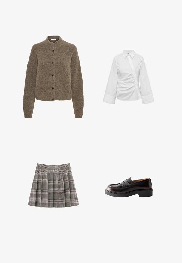 Bruine cardigan van zacht materiaal, met een ronde hals, lange mouwen en zwarte knopen aan de voorkant.; Witte blouse met lange mouwen, asymmetrische knoopsluiting en gerimpeld detail aan de voorkant, met brede manchetten en een puntige kraag.; Geruite rok in zwart, wit en grijs met plooien en een aangesloten tailleband. Effen textuur met een klassiek tartanpatroon over de hele rok.; Donkerbruine leren loafer met pennyriem, stiksel detail en dikke zwarte rubberen zool, zijaanzicht op een witte achtergrond.