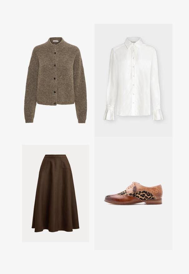 Brun cardigan lavet af blødt materiale, med rund hals, lange ærmer og sorte knapper foran.; Hvid langærmet bluse med knapper foran, spidst krave, subtile lodrette striber og udslåede manchetter med flæsedetaljer.; Brun linned A-formet nederdel med høj talje, der har to forlommer og en glat tekstur, som falder under knæet.; Brun lædersko med leopardprintstofpanel, brogue-detaljer, frynse-laces og lavt træhæl.
