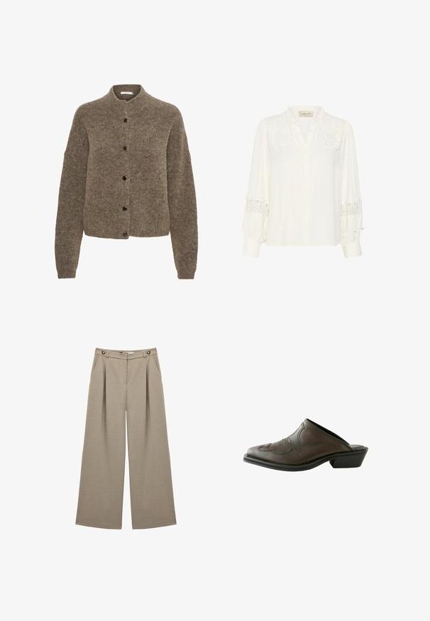 Bruine cardigan van zacht materiaal, met een ronde hals, lange mouwen en zwarte knopen aan de voorkant.; Witte blouse gemaakt van zachte stof, met kantdetails op de schouders en manchetten, knopen aan de voorkant en een zacht gerimpelde kraag.; Beige brede broek met voorplooien, zijzakken, riemlussen en knoopdetail op de tailleband.; Bruine leren muiltjes met een spitse neus, verhoogde stiksels en een lage blokhak. Gepofte oppervlakte met elegante contouren.