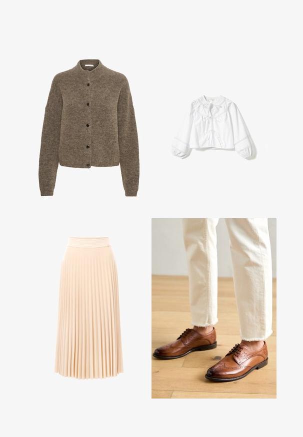 Brun cardigan lavet af blødt materiale, med rund hals, lange ærmer og sorte knapper foran.; Hvid crop top med rund hals, pufærmer og bindebånd foran. Har delikat blonderkant langs halsudskæringen og ærmekanter.; Plisseret midinederdel i blødt ferskenstof. Har en tekstureret taljebånd og et flydende design med lodrette folder. Glat, let materiale.; Brune læder brogue sko med perforerede detaljer, rund tå og en glat overflade, parret med cremede bukser med frynset kant.