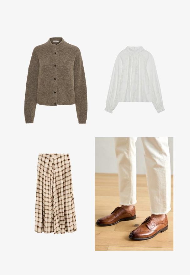 Brun cardigan lavet af blødt materiale, med rund hals, lange ærmer og sorte knapper foran.; Hvid langærmet bluse med et tekstureret blomstermønster, elastisk halsudskæring og elastiske manchetter. Blød, letvægts stof.; Beige midi-nederdel med brunt ternet mønster og plisseret stofdesign.; Brune læder brogue sko med perforerede detaljer, rund tå og en glat overflade, parret med cremede bukser med frynset kant.